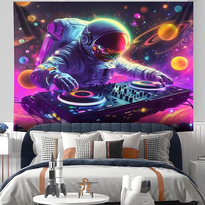 NYZE Astronaut Space Tapestry for Bedroom, Music Wall Tapestry, Party Decor Glow in the Dark Room Decor Tapestries, Cool Galaxy Planet Wall Hanging, Wall Hanging for Room Dorm 59in×51in
