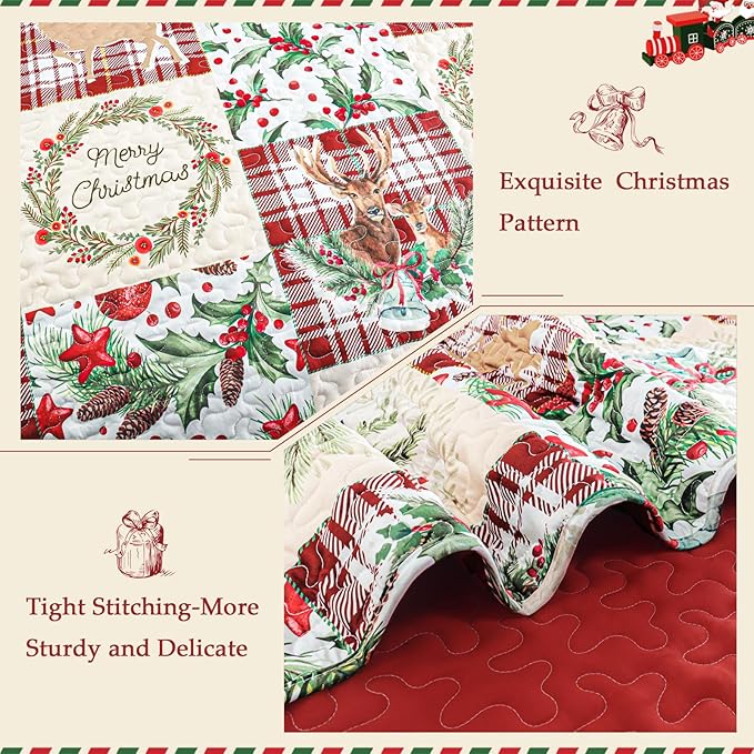 Exclusivo Mezcla Reversible Christmas Quilts King Size, Red Bedspread Lightweight Coverlet Winter Patchwork Quilt Bedding Set with Printed Reindeer Wreaths Pattern (1 Quilt, 2 Pillow Shams)