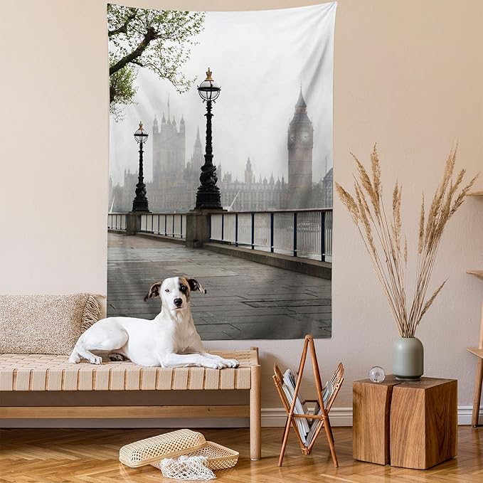 Ambesonne London Tapestry Queen Size, Big Ben View from the Street Palace of Westminster Touristic Britain, Wall Hanging Bedspread Bed Cover Wall Decor, 88" X 88", Off White Brown