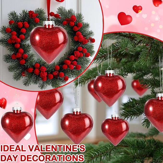 Civaner 24 Pcs Large Valentine's Day Heart Shaped Ornaments Outdoor, Glitter Heart Shaped Baubles with Pre-Strung Wire, Romantic Home Hanging Decorations for Valentine Tree (Red)