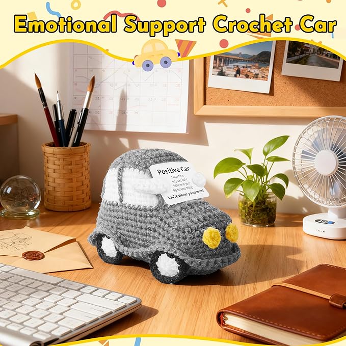 Positive Funny Crochet Car, Emotional Support Mini Handmade Crochet Gift, Inspirational Birthday Gifts for Men Women Friends Boyfriend Dad Coworker, Grey