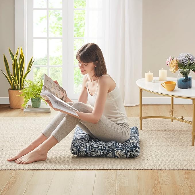 Codi Meditation Floor Pillow, Square Pillows Seating for Adults and Kids, Boho Cushion for Yoga Living Room Tatami Sitting, Memory Foam Added, 22x22 Inch, Indigo Elephant