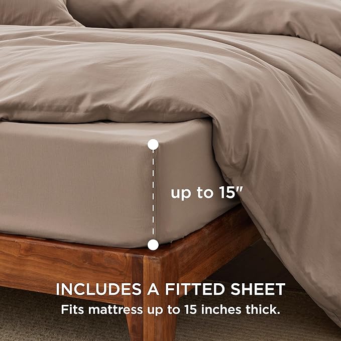 Bedsure Duvet Cover Queen Size with Fitted Sheet - 4 Pieces Prewashed Cotton-Like Extra Soft Bedding Set, Includes 1 Duvet Cover 90x90 Inches with Zipper Closure, 2 Pillow Shams, 1 Fitted Sheet, Khaki