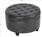Homepop Home Decor |Button Tufted Faux Leather Round Storage Ottoman | Ottoman with Storage for Living Room & Bedroom (Gray)