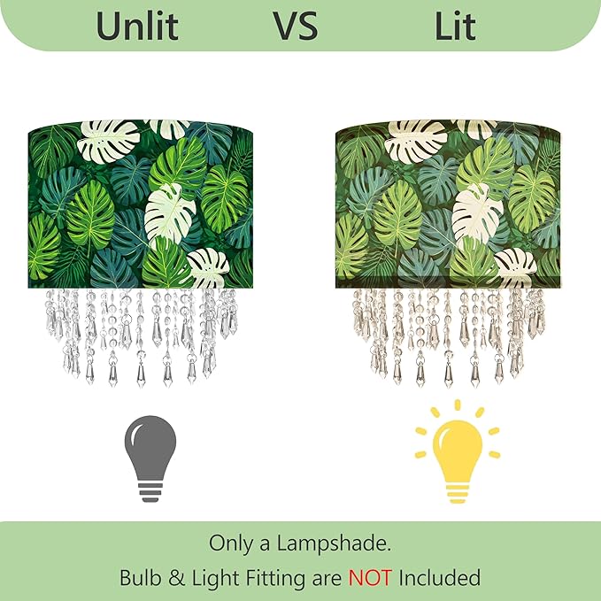 Green Leaf Tropical Leaf Lamp Shade with Acrylic Bead Droplets, Drum Fabric Light Shade for Ceiling Pendant Table or Floor Lamps, Botanical Nature Home Decor, 11.8in