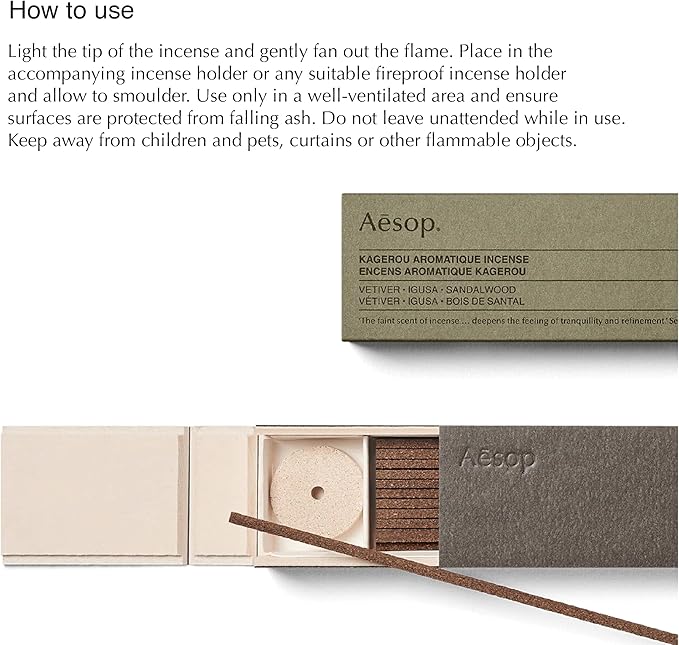 Aesop Kagerou Aromatique Incense | Earthy & Smoky Vetiver Scent | Includes Kanuma Pumice Holder | 30-Minute Burn Time | Green, Herbaceous, Woody Aroma | 33 Sticks