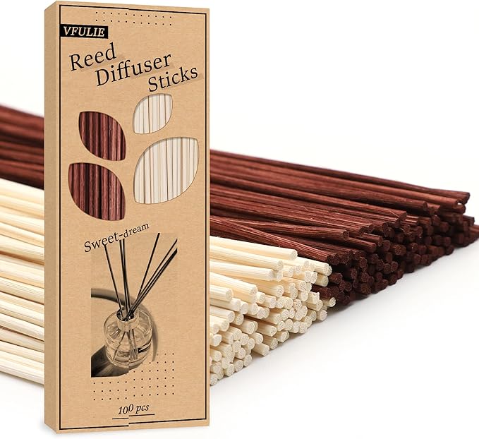 VFULIE 100PCS Reed Diffuser Sticks, 10 Inch Natural Rattan Wood Sticks Essential Oil Aroma Diffuser Sticks Refill Replacement for Aroma Fragrance (Brown and White)