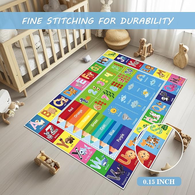Baby Play Mat, ABC Rug for Kids Playroom, Non Slip Washable Toddler Floor Mat, Alphabet Numbers Colors Weather Learning Classroom Rug for Nursery or Preschool, 3x5 ft