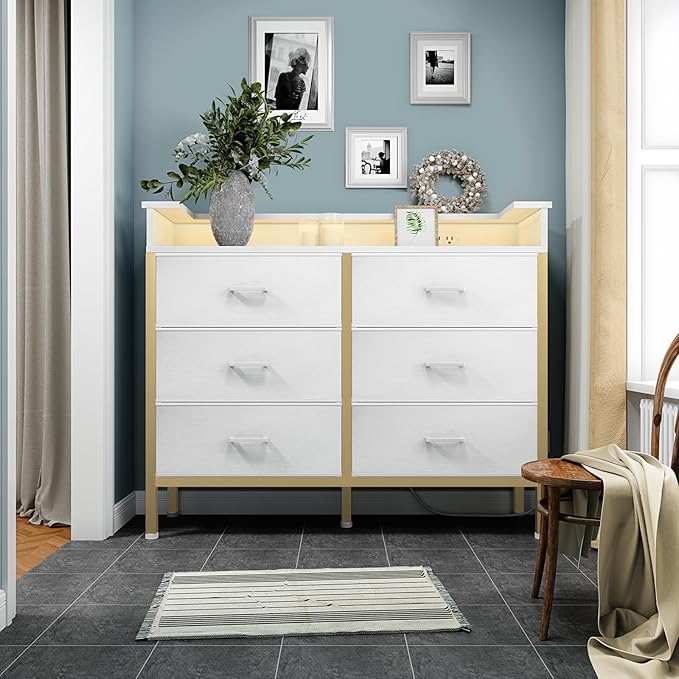 BOLUO Girls Dresser with LED Light and Charging Station for Bedroom 6 Fabric Drawer Dresser with USB Outlet Modern Gold