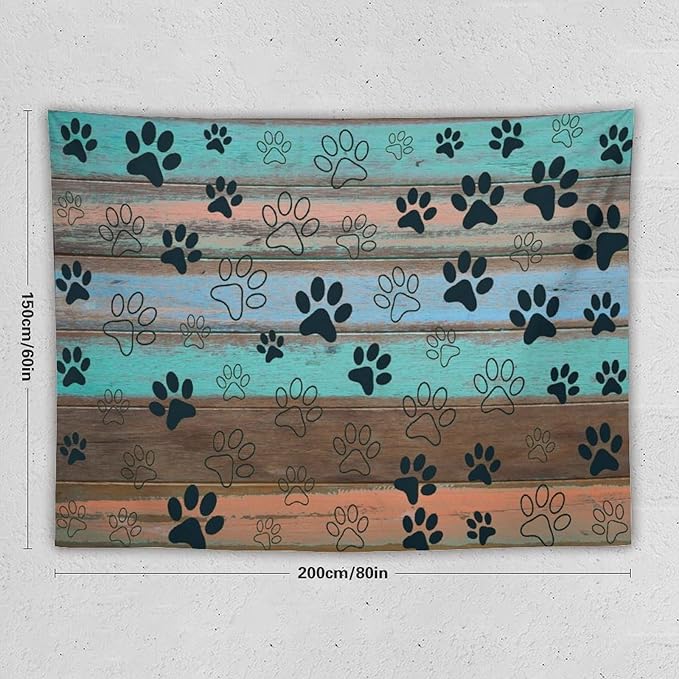 VUMIVI Dog Paw Print Tapestry Rustic Farmhouse Vintage Wood Paneling Home Decor Tapestry Wall Hanging for Living Room Bedroom Dorm Classroom Aesthetic Decor W80xL60in
