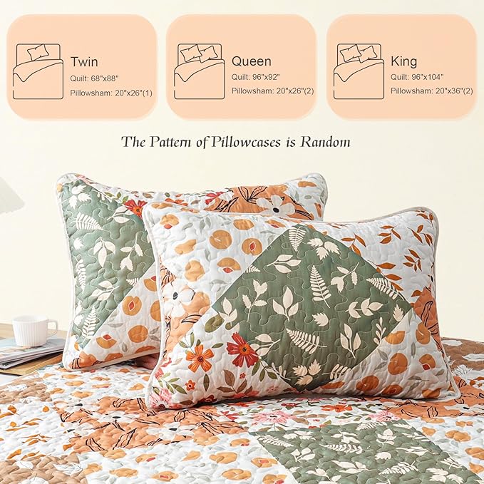 Whale Flotilla Patchwork Quilts Queen Size, Extra Soft Boho Floral Bedspreads for Bed Reversible Lightweight Full Queen Quilt Bedding Set Printed Coverlets with 2 Pillow Shams for All Seasons, Orange