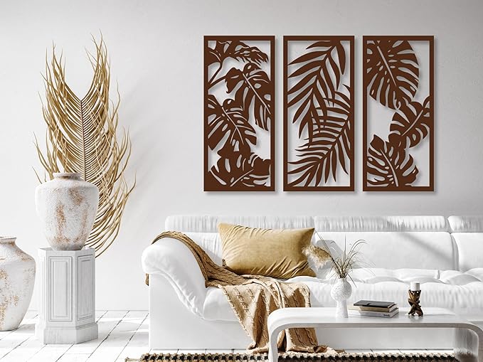 Vailla Wood Wall Art Decor Tropical leaves Wall Hanging Sculpture Modern Home Decoration 3 Wall Hangings Large Wooden Wall Arr 3D Textured Sculptures for Living Room Bedroom Office Dinnig Room