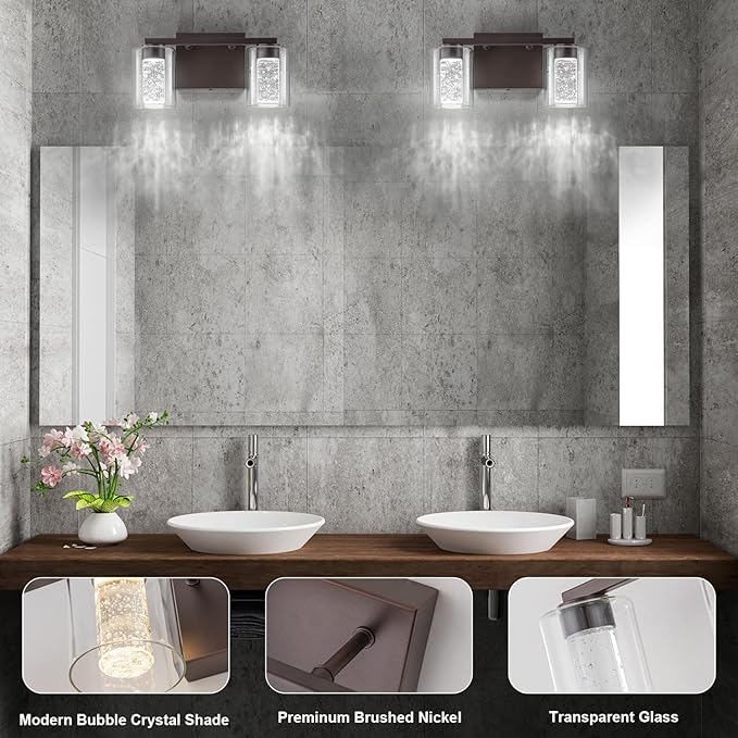 SineRise 2-Light Bronze Vanity Light with 3 Color Modes (3000K/4000K/6000K), Eye Protection LED Bathroom Light Fixture, Dimmable Modern Wall Light Over Mirror with Clear Glass Shade