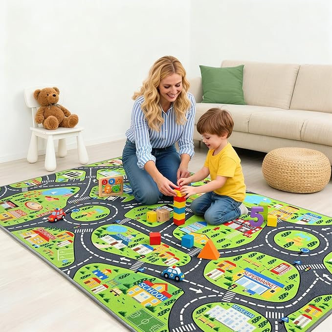 Kids Car Play Rugs - 36"x60" Learning and Fun City Road Map Play Mat for Playing with Cars Trucks, Non-Slip Playmat for Nursery, Playroom Bedroom and Classroom, Machine Washable