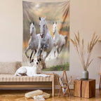 Ambesonne Horses Tapestry Queen Size, Stallion Horses Running on a Sky Background Male Champions Print, Wall Hanging Bedspread Bed Cover Wall Decor, Queen Size, White Orange