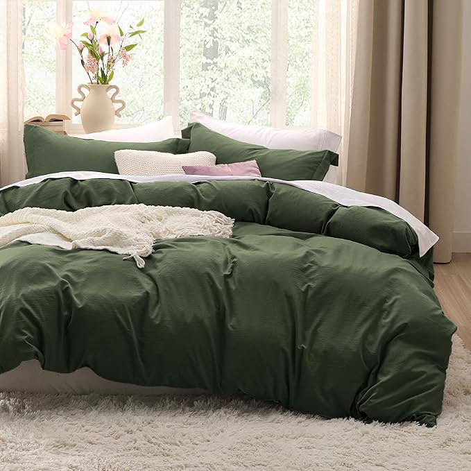 Bedsure Olive Green Duvet Cover Full Size - 3 Pieces Prewashed Extra Soft Cotton-Like Polyester Bedding Set, Includes 1 Duvet Cover 80x90 Inches with Zipper Closure & 2 Pillow Shams, No Comforter