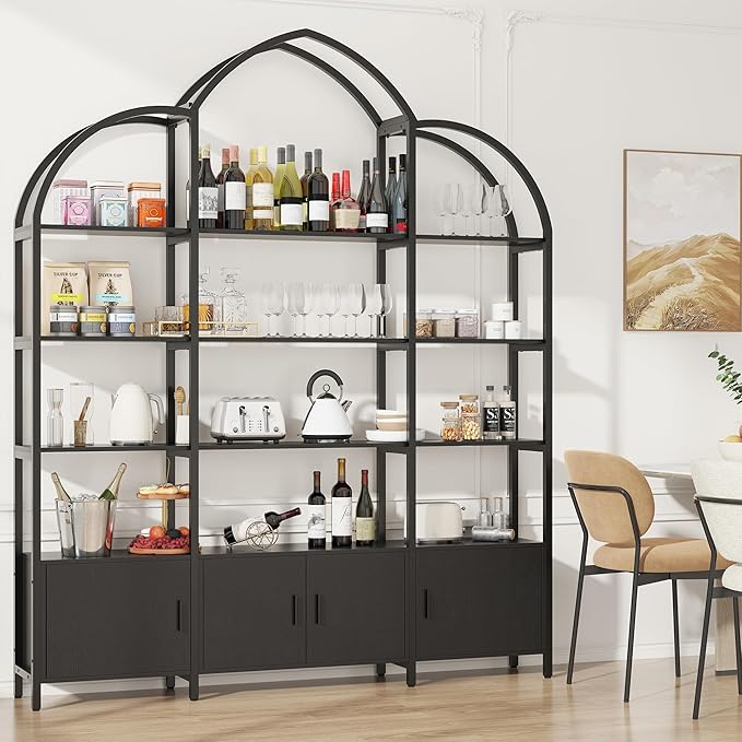 Semoic 85.8" Tall Arched Bookshelf with Door, 5-Tier Etagere Bookcase with Storage Cabinet Shelf, Triple Wide Industrial Bookshelf, Free Standing Display Shelf for Living Room Home Office, Black