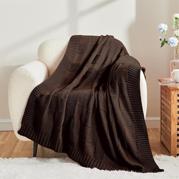 CozeCube Check Knit Throw Blanket, Dark Brown Checkered Throw for Couch, Decorative Christmas Soft Cozy Warm Knitted Blanket for Bed Sofa Living Room, 50"X60"