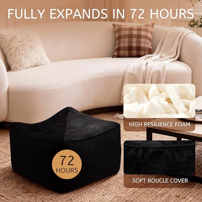 Square Corduroy Pouf Ottoman, Soft Fluffy Foot Stool with Foam Chunk Filling, Floor Pouf & Storage Ottoman for Living Room, 21.7" x 21.7" x 14", Black