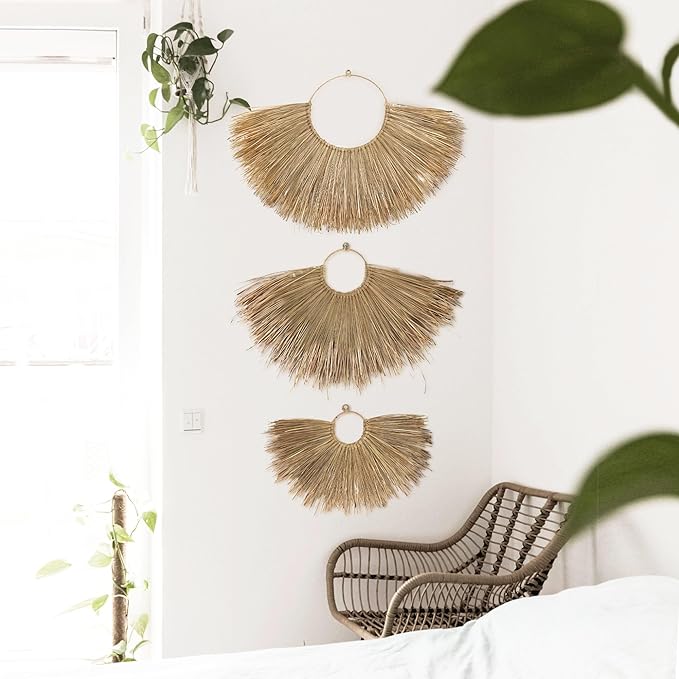 PEMAR Rustic Boho Wall Hanging Decor: Set of 3 Woven Seagrass Fans - Perfect for Living Room, Bedroom & Headboard Art (XL: 35.4" D, L: 27.6" D, M: 19.7" D)