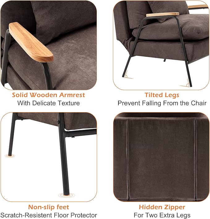 MCombo Accent Recliner Chair with Ottoman, Modern Fabric Armchair, Upholstered Sofa Bed for Living Room Bedroom, Small Space 4055 (Black Frame, Brown)