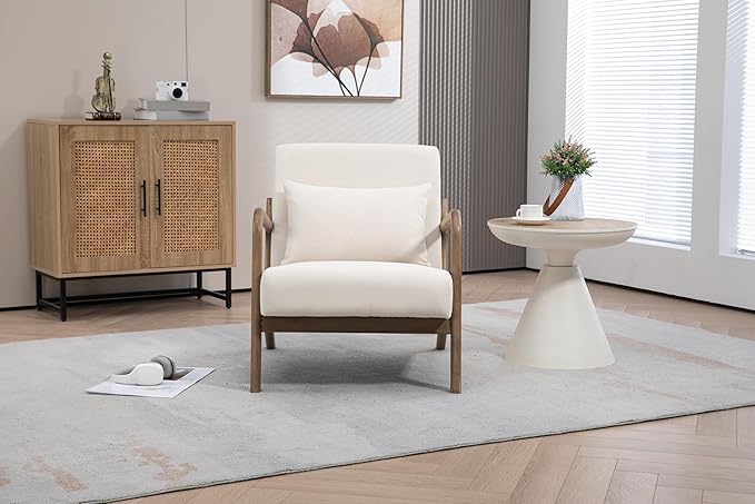 KEIKI Mid Century Modern Accent Chair, Ergonomic Design Armchair with Solid Wood Base, Includes Lumbar Cushion for Back Support