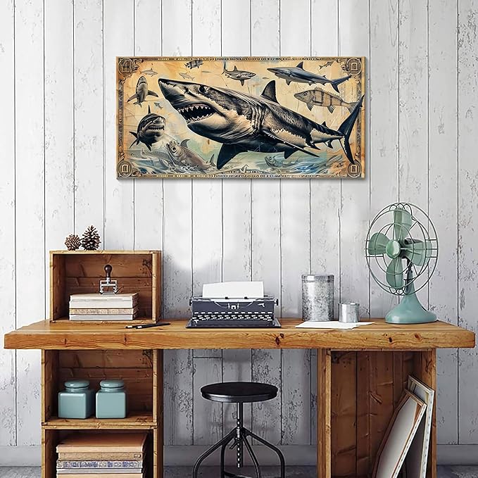 JEAWA Wall Art for Living Room, Vintage Dollar Background Cool Shark Marine Life Wall Painting Canvas Print Posters Ready to Hang Bedroom Bathroom Game Teenage Boy Room Home Decor 20x40 IN