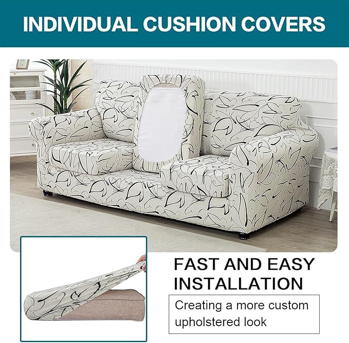 KRFOONN 4 Piece Printed Sofa Couch Cover for 3 Cushion Couches Stretch Sofa Slipcovers with 3 Separate Seat Cushion Covers Washable Furniture Protector with Elastic Bottom (Sofa, 58)