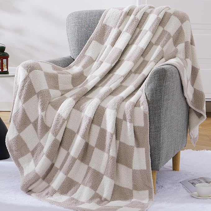 WRENSONGE Checkered Throw Blanket, Taupe Soft Cozy Fluffy Warm Hand Made Throw Blankets for Couch, Sofa, Chair, Bed, Camping, Picnic, Travel Lightweight Bed Blanket - 60"*80"