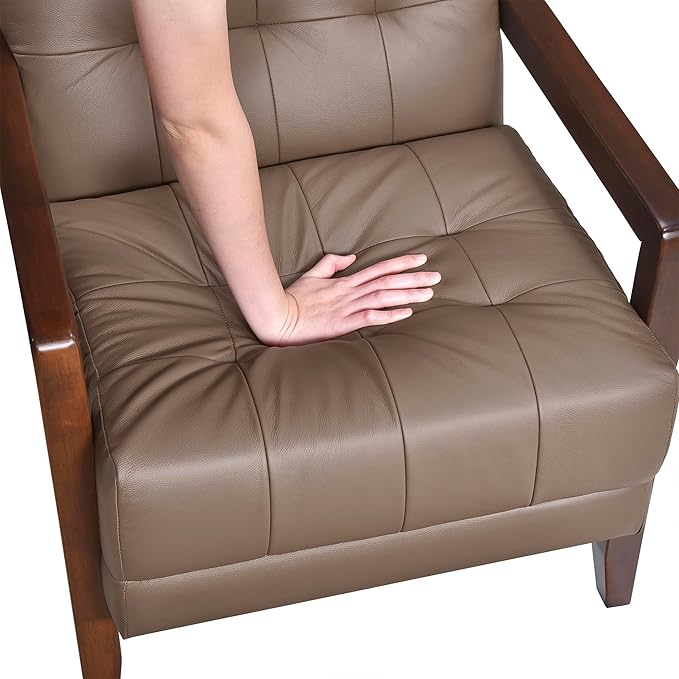 Lexicon Modern Accent Chair, Luxury Genuine Leather Match Living Room Chair with Tufted Cushions, Solid Wood Frame and Arm Rest, Comfy Upholstered Single Seat for Bedroom/Reading/Office, Brown
