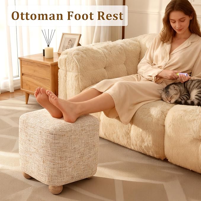 Cube Pouf Ottoman with Wooden Leg,Chenille Fabric Vanity Stool-Upholstered Floor Chair,Square Footstool Pouf with Acacia Wood Frame(500Lbs),Small Coffee Table Ottoman for Living Room