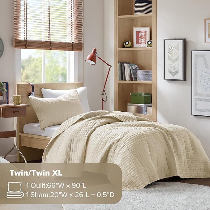 Comfort Spaces Kienna Quilt Set- Double Sided Stitching Design Summer Blanket, Lightweight, Soft, All Season Bedding Layer, Matching Sham, Ivory, Coverlet Twin/Twin XL(66"x90") 2 Piece