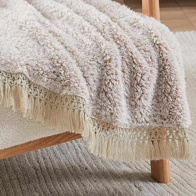 EMME Soft Sherpa Fleece Blanket with Tassel, Reversible Plush Fluffy Large Blanket, Light Weight Warm Decorative Boho Blanket Cover for Sofa, Couch, Bedroom,Travel(Tassel Khaki,60"x80")