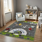 Airport Runway Play Rug for Kids - Interactive Airplane Faux Wool Rug with Aircraft Traffic System Design, Non-Slip Educational Aviation Carpet for Nursery, Playroom & Bedroom Gifts.