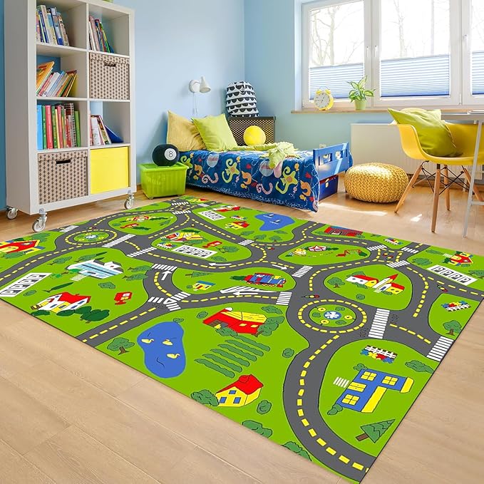 Non-Slip Town City Road Map Playmat for Boys, Perfect for Playroom and Bedroom, Car Track Mat - 6'7" x 4'11"(Rectangular)