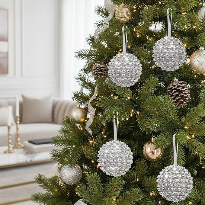 Iridescent Crystal Rhinestone Ball Ornaments, 4 Pack Handcrafted Sparkling Christmas Tree Decorations, Hanging Ornaments for Holiday & Home Décor in Luxury Gift Box