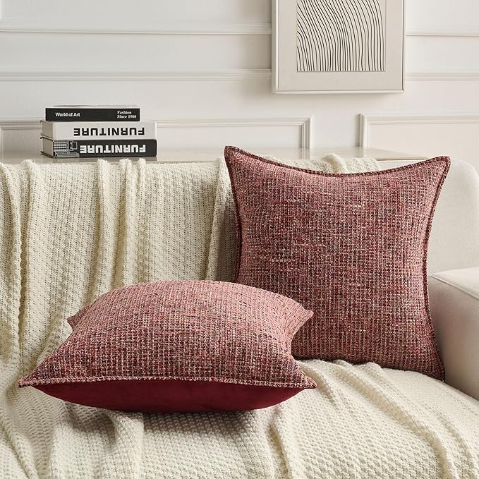 FUTEI Burgundy Decorative Throw Pillow Covers 24x24 Inch Set of 2,Soft Chenille Tweed Textured Euro Pillow Shams,Modern Home Decor for Couch Bed Living Room