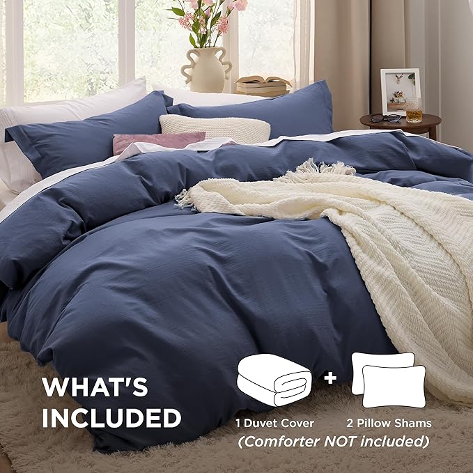 Bedsure Navy Duvet Cover Full Size - 3 Pieces Prewashed Extra Soft Cotton-Like Bedding Set, Includes 1 Duvet Cover 80x90 Inches with Zipper Closure & 2 Pillow Shams, Comforter Not Included