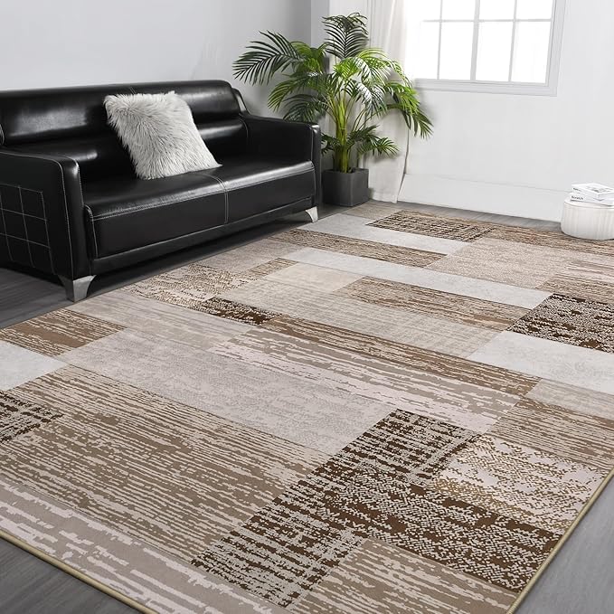 FlyDOIT Modern Geometric Patchwork Area Rug, 9x12 Beige Large Rugs for Living Room, Rockwood Collection Indoor Rugs for Bedroom, Throw Carpet Floor Decor for Entryway Dining Room Office Nursery