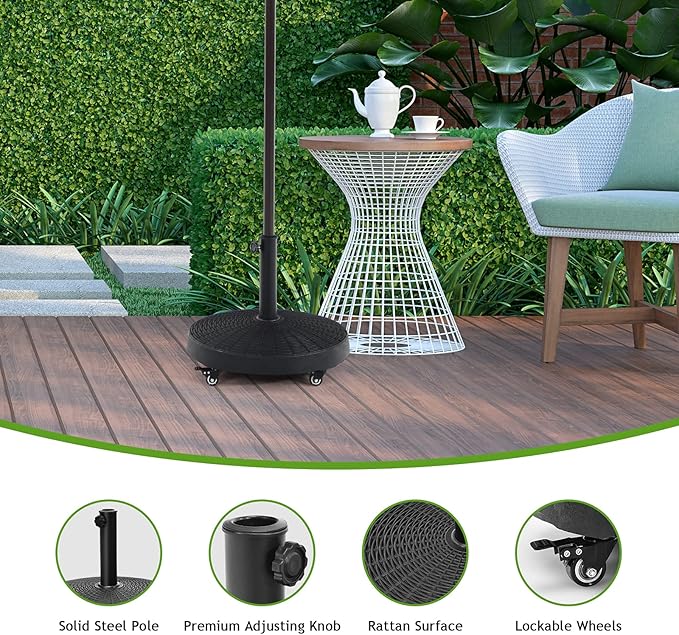 Giantex 50 LBS Patio Umbrella Stand, 20.5 Inch Round Umbrella Base with 4 Lockable Wheels, Heavy-Duty Outdoor Umbrella Holder, Suitable for Pool, Yard, Garden, Street, Market, Rattan Design, Black