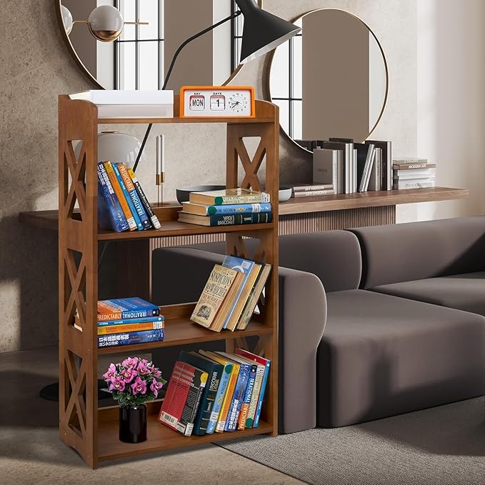 Brown Bookcase by Natural Wood, 4 Tier Bookshelf, Small Book Shelves Freestanding Display Storage Shelves. Open Bookshelf for Bedroom, Living Room and Office (Brown, 4 Tier)