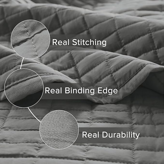 Comfort Spaces Kienna Quilt Set- Double Sided Stitching Design Summer Blanket, Lightweight, Soft, All Season Bedding Layer, Matching Sham, Charcoal, Coverlet Twin/Twin XL(66"x90") 2 Piece