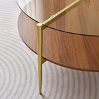 Extra Large Round Coffee Table, Mid-Century Modern Design, D34 x H17 in, for Living Room, 2-Tier Structure, Clear Glass Top and Walnut MDF Shelf, Sleek Conical Metal Legs with Gold Finish