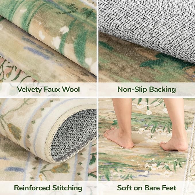 Lessymo Dining Room Rugs for Under Table, 6x9 Washable Floral Area Rug for Living Room, Non Slip Low Pile Carpet for Bedroom, Stain Resistance Cottagecore Farmhouse Nursery Office Decor, Beige Sage