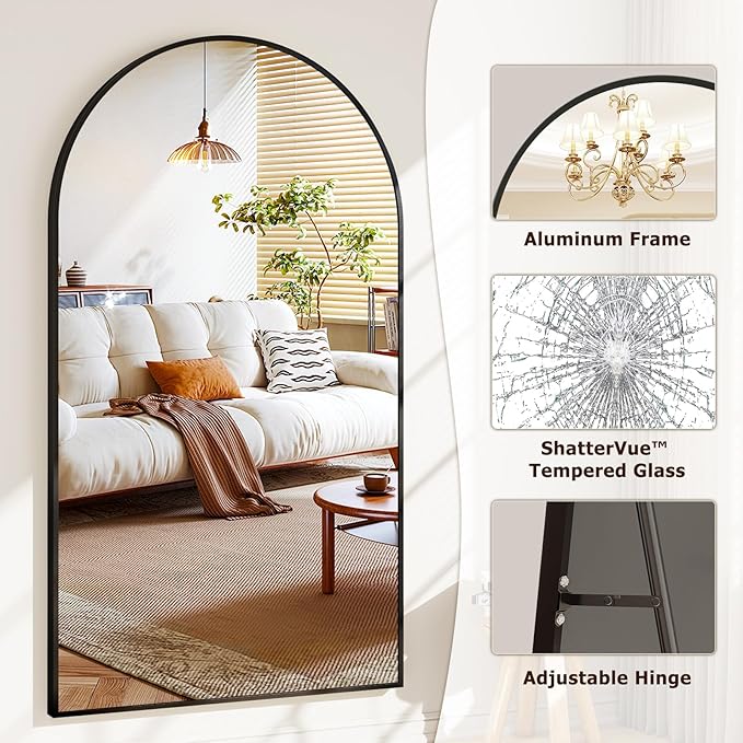 46"x76" Extra Large Arched Full Length Mirror - Leaning Mirror Arch Wall-Mounted Mirrors - Aluminum Alloy Frame Modern Simple Home Decor - for Living Room Bedroom Cloakroom