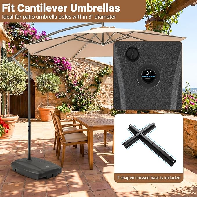 Giantex Fillable Cantilever Umbrella Base, 285 lbs HDPE Offset Umbrella Stand with Wheels & T-Shape Cross Base, Water & Sand Filled, Fits Poles up to 3'', for Garden Pool Deck