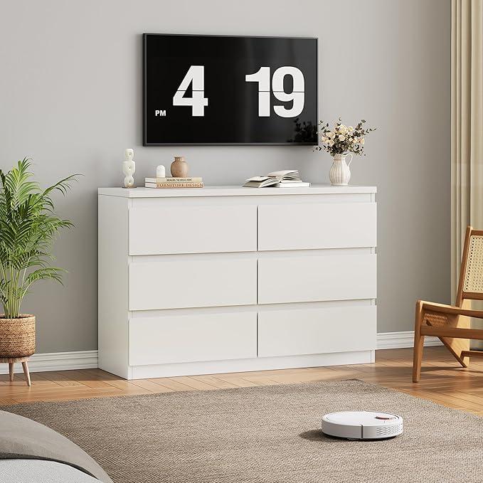 White 6 Drawer Dresser for Bedroom, 15.3" D x 47.2" W x 32.3" H in Simply Modern Chest of Drawers, Wood Storage Double Dresser with Deep Drawers for Living Room, Hallway Entryway, White