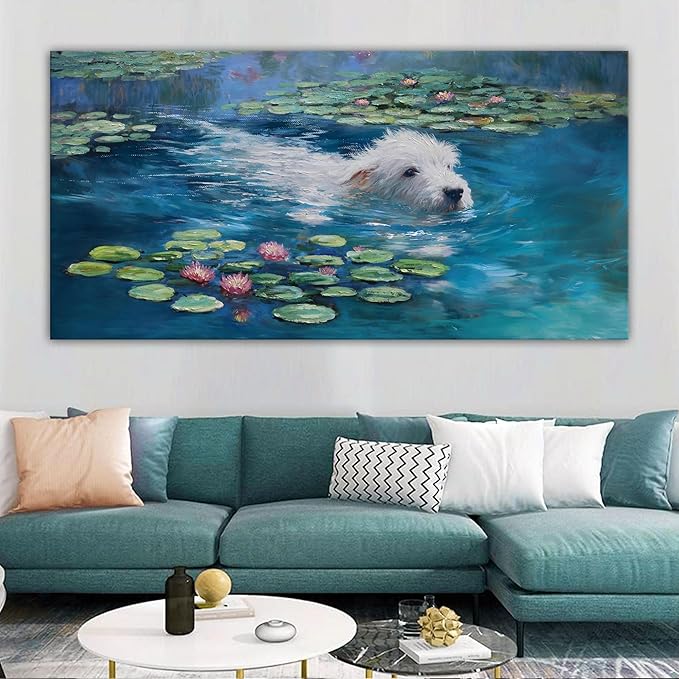 Dog Monet Wall Art with - Large Canvas Wall Art for Bedroom - Framed Landscape Pictures Decor - Classic Vintage Artwork for Living Room, Bedroom, or Office Paintings Wall Decor 29×58IN