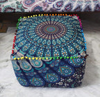 CRAFT KALA Indian Square Patchwork Traditional Pouf Cover Indian Living Room Pom Poufs Cover Decorative Designer Ottoman Home Living Footstool Chair Cover Ottoman Decor 18X18X14 inches, Blue Mirchi