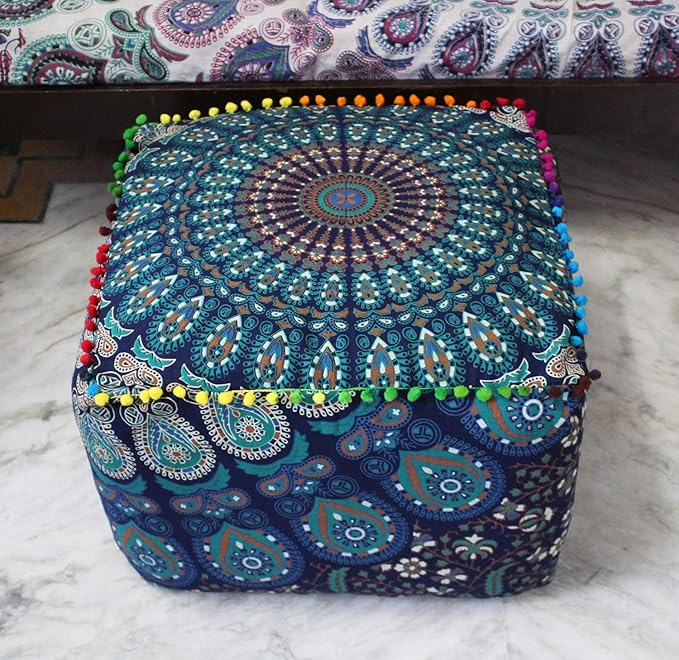 CRAFT KALA Indian Square Patchwork Traditional Pouf Cover Indian Living Room Pom Poufs Cover Decorative Designer Ottoman Home Living Footstool Chair Cover Ottoman Decor 18X18X14 inches, Blue Mirchi